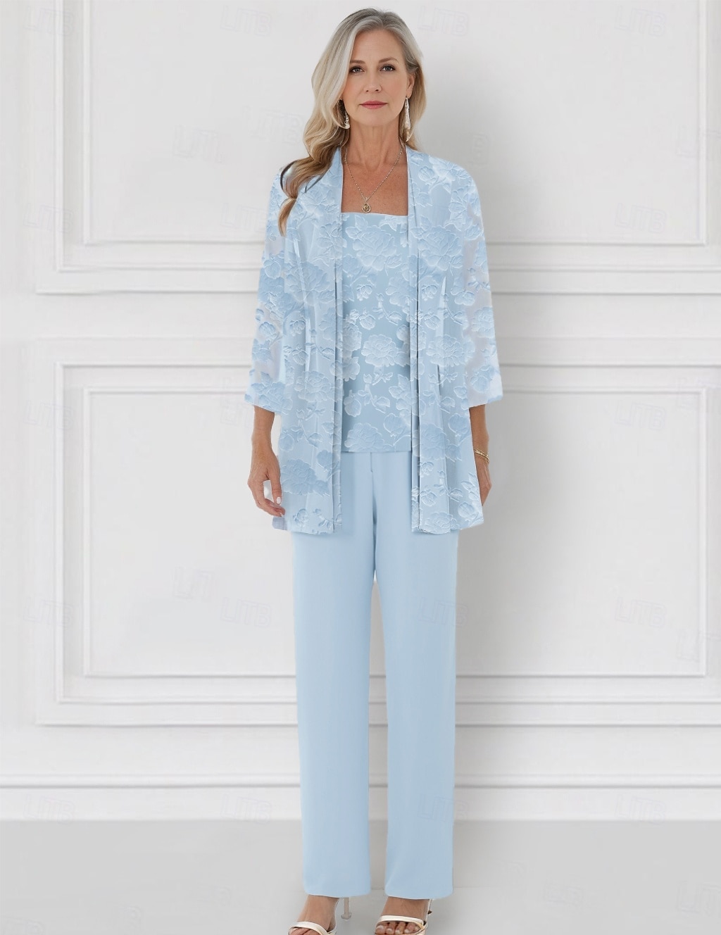 Sky Blue Burnt Out Floral Lace Jumpsuit / Pantsuit 3 Piece Mother of the Bride Pantsuit Elegant Simple Minimalist Crew Neck Floor Length Chiffon 3/4 Length Sleeve with Jacket 2025 - $136.99 –P1