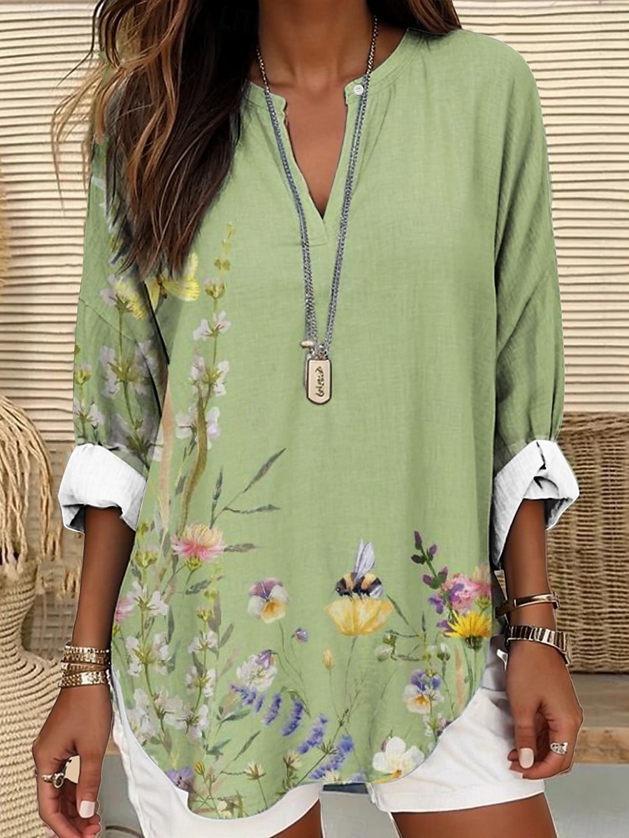 Damen Bluse Sommer Oberteile Blumendruck Vintage Tropen Hawaii Langarm V-Ausschnitt Reguläre Oberteile Täglich Feiertag Strandmode Druck Marineblau Blau Lila Grün Beige Sommer Frühling 2025 - $24.99 –P1