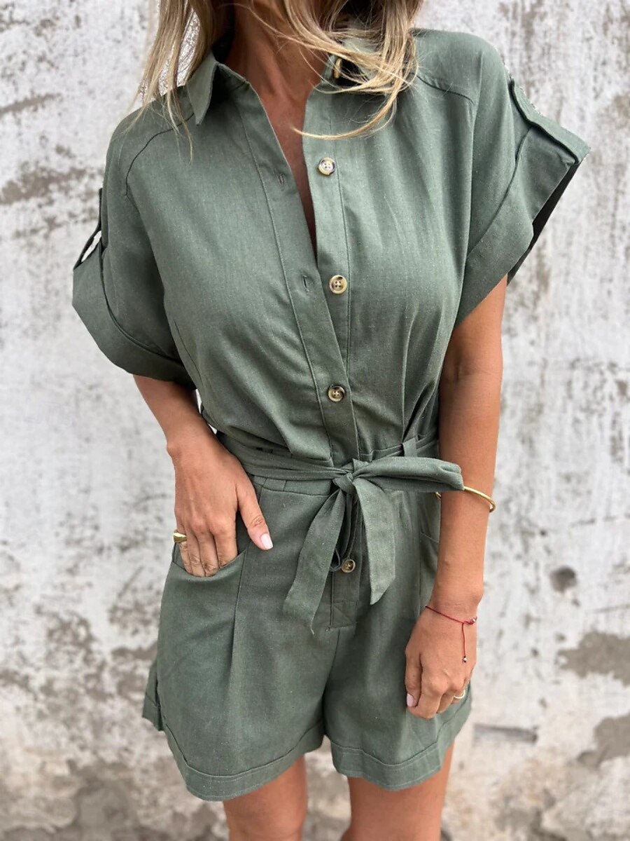 Femmes Actif Basique Ensembles en coton et lin Manche Courte Col de chemise Couleur Unie Décontracté Quotidien Vert Été Coupe régulière de 2025 ? $32.99 –P1