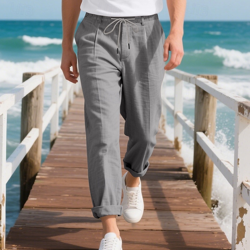 Herr Linne Byxor Långbyxor Sommarbyxor Strandbyxor Ficka Snörning Elastisk midja Slät Komfort Andningsfunktion Semester Dagligen Helgdag Hawaiisk Boho Ljus kaki Svart 2025 - $22.99 –P12