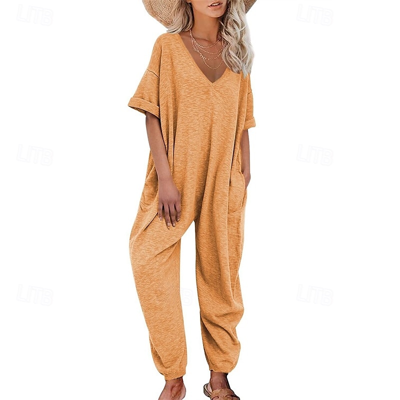 Női Szabályos Jumpsuitek Stílusos Tömör szín Féhosszú Háremnadrág V-alakú Zseb Utca Napi Normál Fekete Sárga Arcpír rózsaszín Nyár 2025 - $27.99 –P4