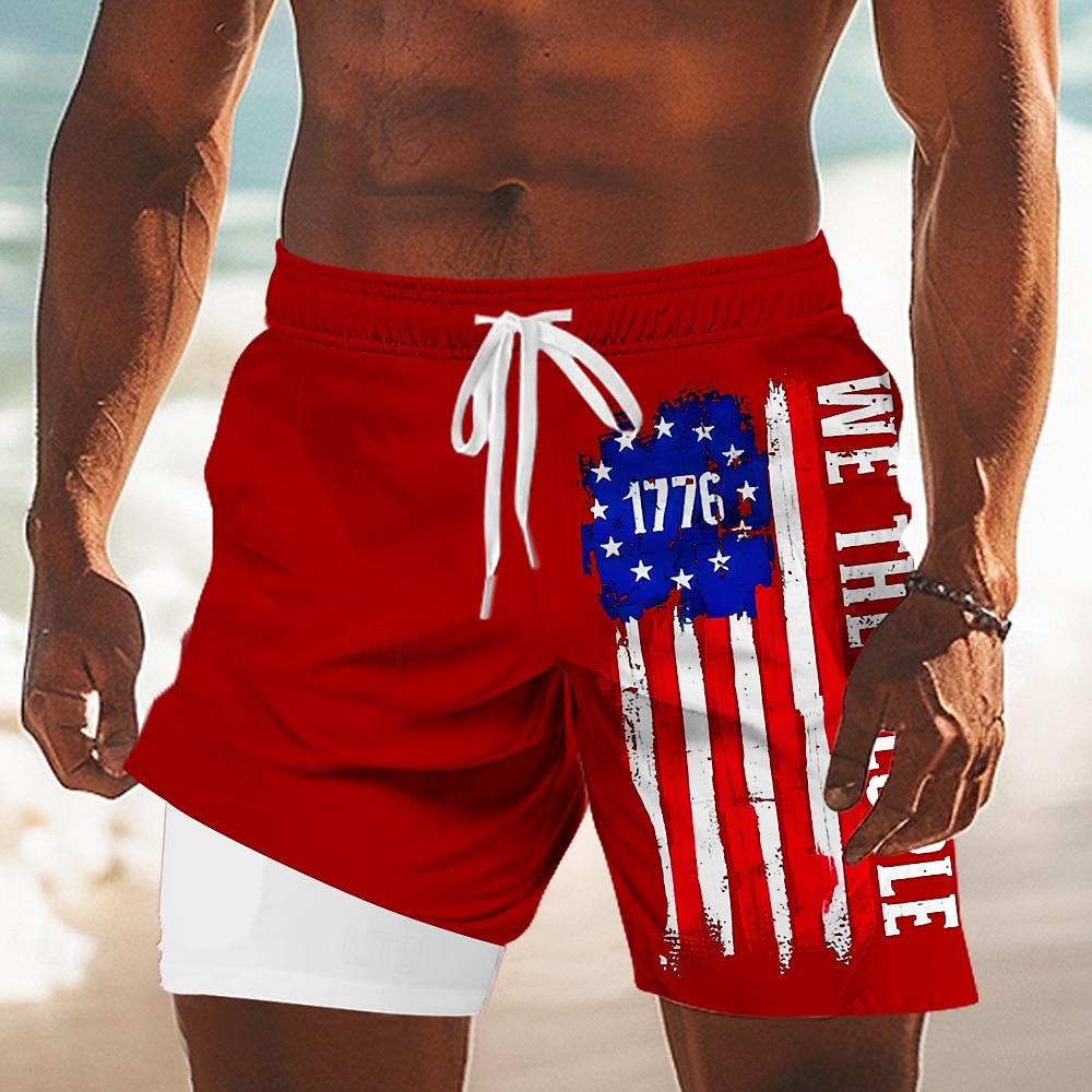 Independence Day Men's US Flag Patriotic Fourth of July Lined Shorts 2 in 1 Board Shorts Swim Shorts Mid Waist Holiday Side Pockets With Compression Liner Elastic Drawstring Waist Designer Clothing 2025 - $21.99 –P3