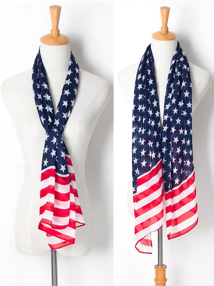 Damhalsduk med amerikansk flagga - patriotisk design med stjärnor och ränder i USA. Chiffongmaterialet är andningsbart och lätt, lämplig för 4 juli, självständighetsdagen, helgdagar och vardagsbruk. 2025 - $11.99 –P4