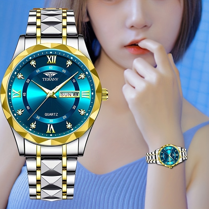 Dois mostradores romanos redondos com diamantes aquáticos, mostrador luminoso, relógio de casal ipx7 à prova d'água, relógio de quartzo com calendário e data, pulseira de aço inoxidável elegante, de 2025 por $29.99 –P7