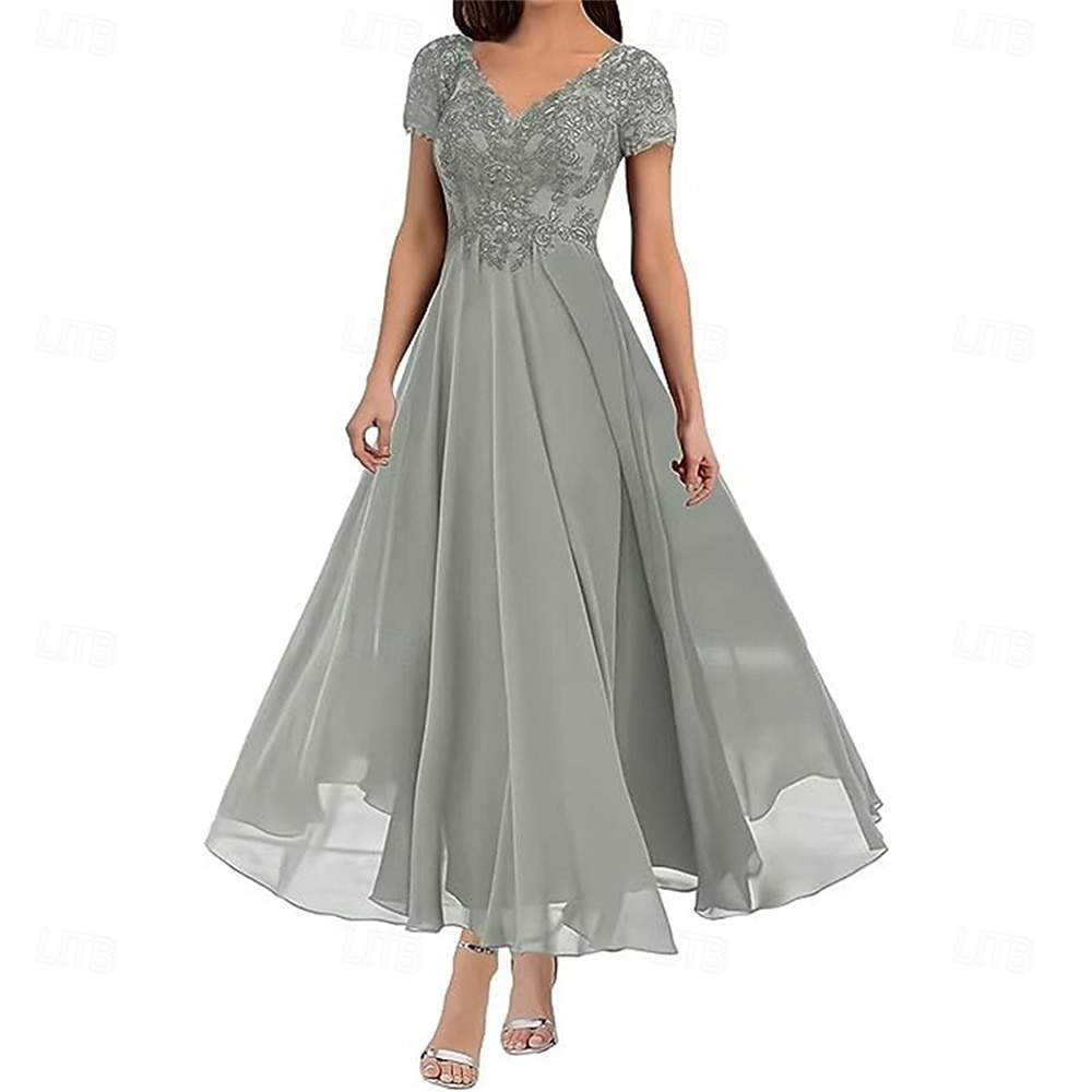 A-Linie Brautmutterkleid Elegant V Ausschnitt Bodenlang Polyester Kurzarm mit Einfarbig 2025 2025 - $119.99 –P24
