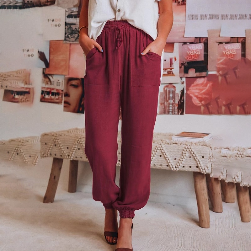 Femmes Slacks Pantalons Occasionnel Longueur complète Naturel Uni Avec Poches Conception à cordon élastique Confortable Extérieur Fête Décontracté Quotidien Week-end Vin Noir Vert Claire Vert Véronèse de 2025 ? $18.99 –P2