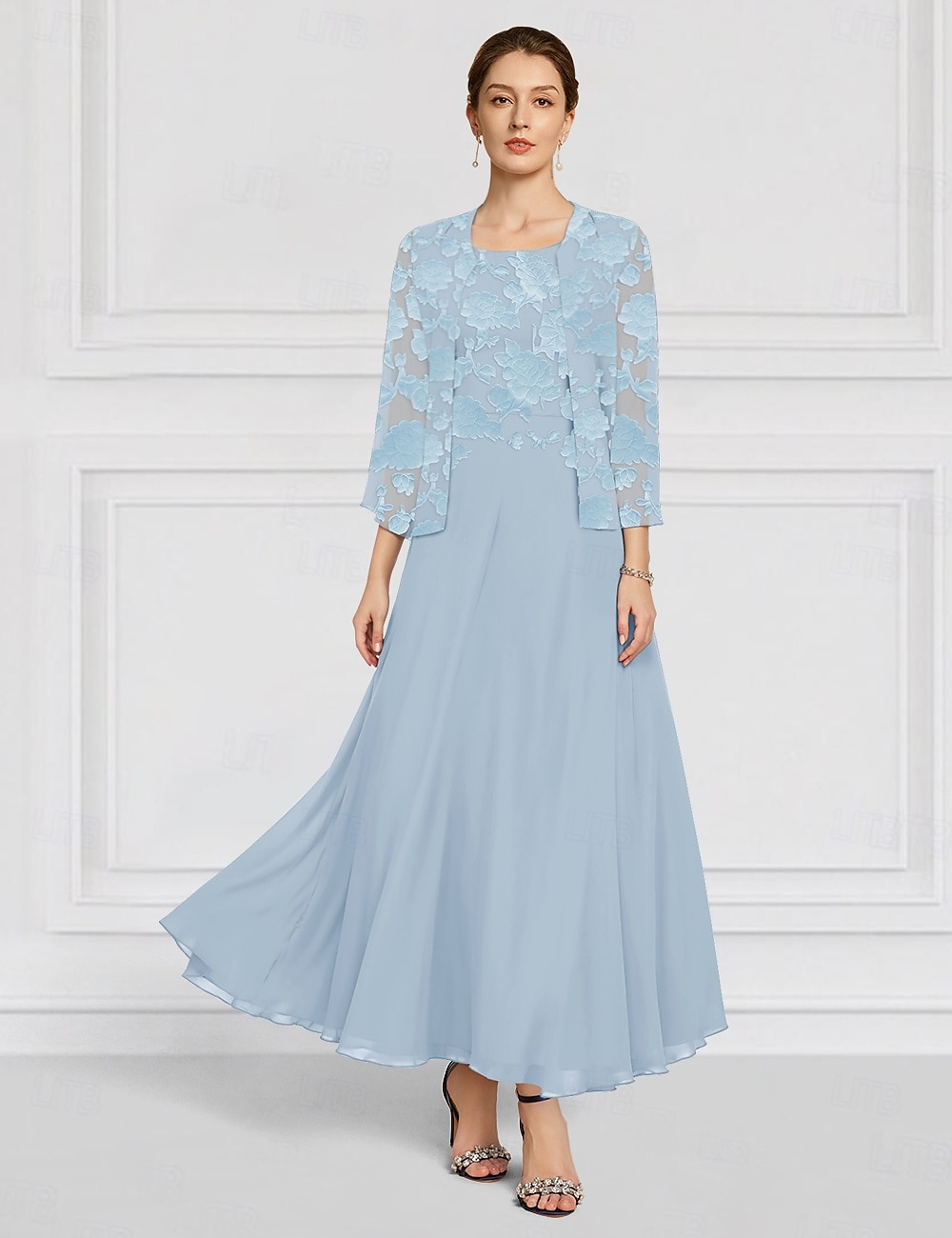 Sky Blue Burnt Out Floral Lace Two Piece A-Line Mother of the Bride Dress Elegant Simple Minimalist Boat Neck Floor Length Chiffon 3/4 Length Sleeve with Jacket 2025 - $139.99 –P1