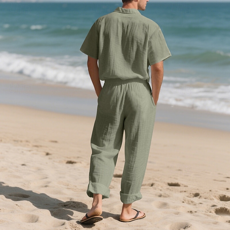 Men's Shirt Suits Shirt and Pant Sets 2 Pieces Outfits Short Sleeve Lapel Summer Plain Fashion Casual 2 Piece Vacation Daily Wear Going out Black White Khaki Top Tee for Men 2025 - $40.99 –P11