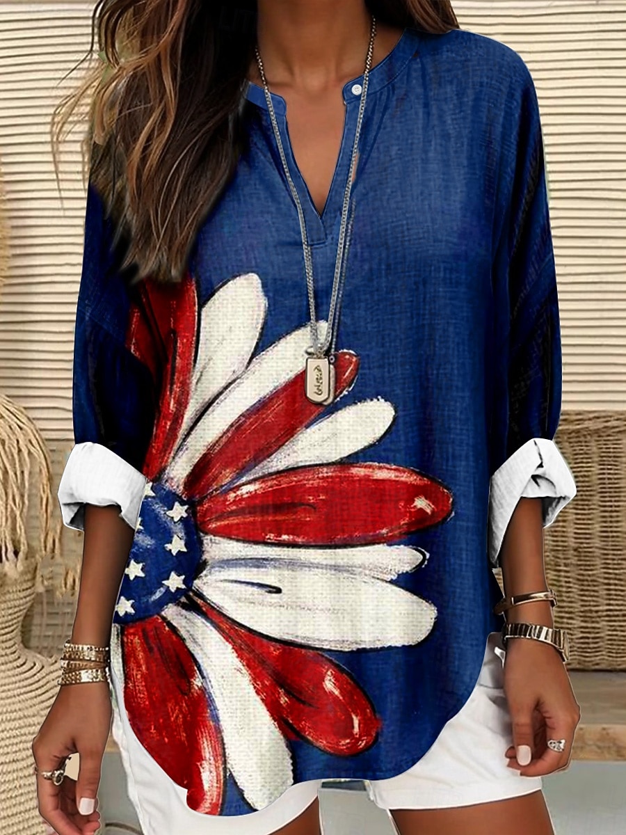 Blusa Patriottica Giorno dell'Indipendenza per Donne Simil Lino Traspirante Leggero Tunica Collo a V Maniche Lunghe Boho Casual Grafica Bandiera Vintage Tropicale Regolare Wear Stampa Giornale del 2026 a $32.99 –P2