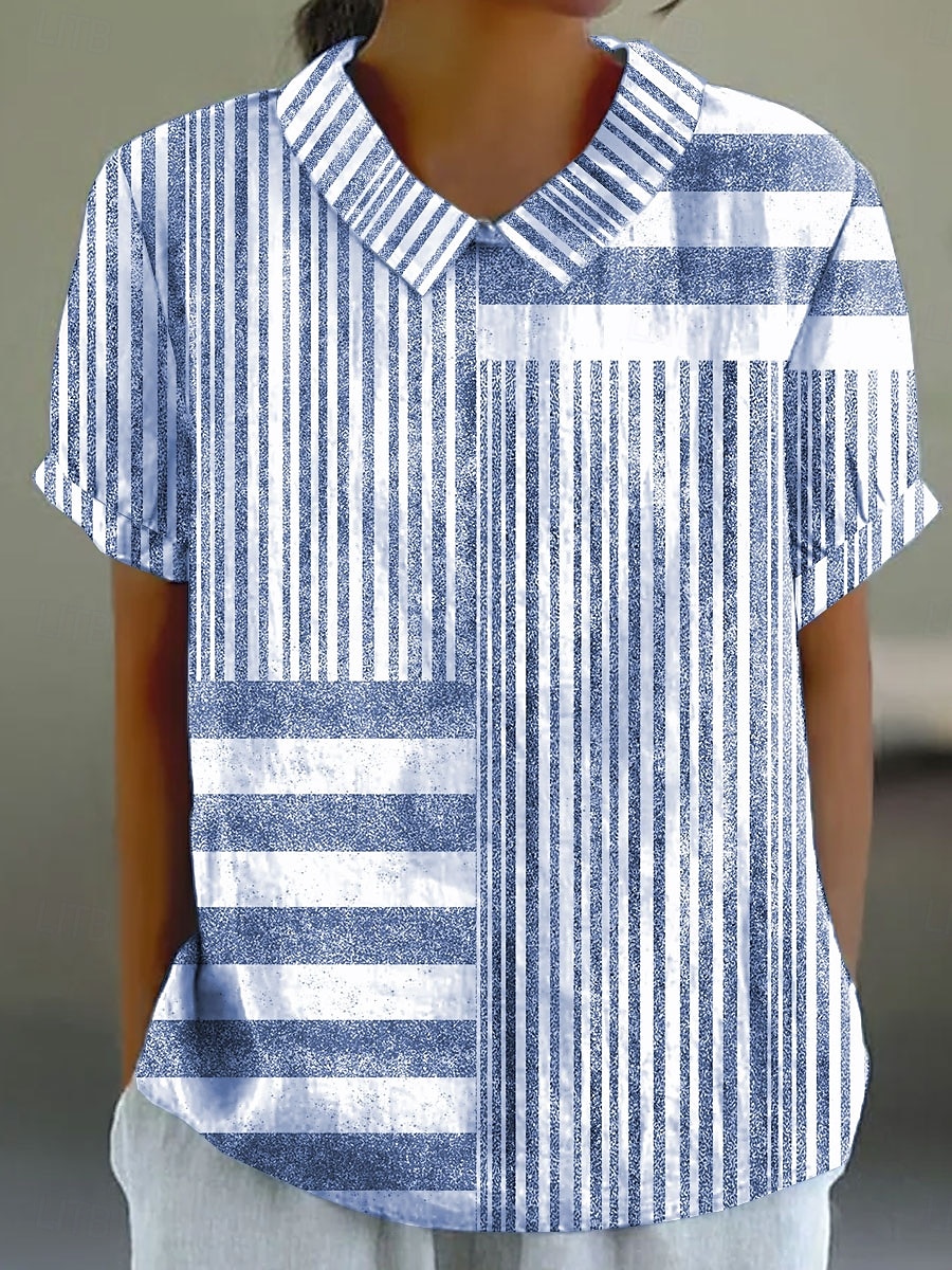 Damen Bluse Grafik Gestreift Vintage Stilvoll Lässig Kurzarm Hemdkragen Normale Oberteile Arbeit Täglich Druck Blau Purpur Grau Sommer Frühling 2025 - $23.99 –P3