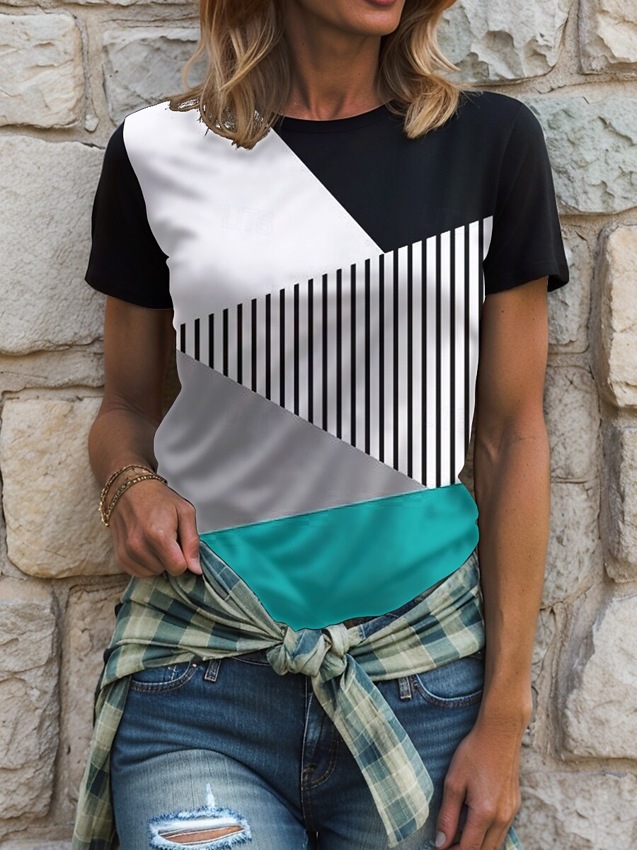 Dame Bluse Grafisk Geometrisk Ruter Årgang Stilfull Klassisk Kortermet Crew-hals Rund hals Vanlige topper Daglig Lomme Knapper Rød Blå Lilla Grønn Sommer Vår 2025 - $19.99 –P6
