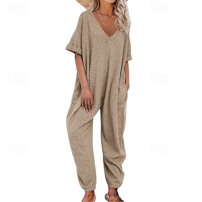 Női Szabályos Jumpsuitek Stílusos Tömör szín Féhosszú Háremnadrág V-alakú Zseb Utca Napi Normál Fekete Sárga Arcpír rózsaszín Nyár 2025 - $27.99 –P6