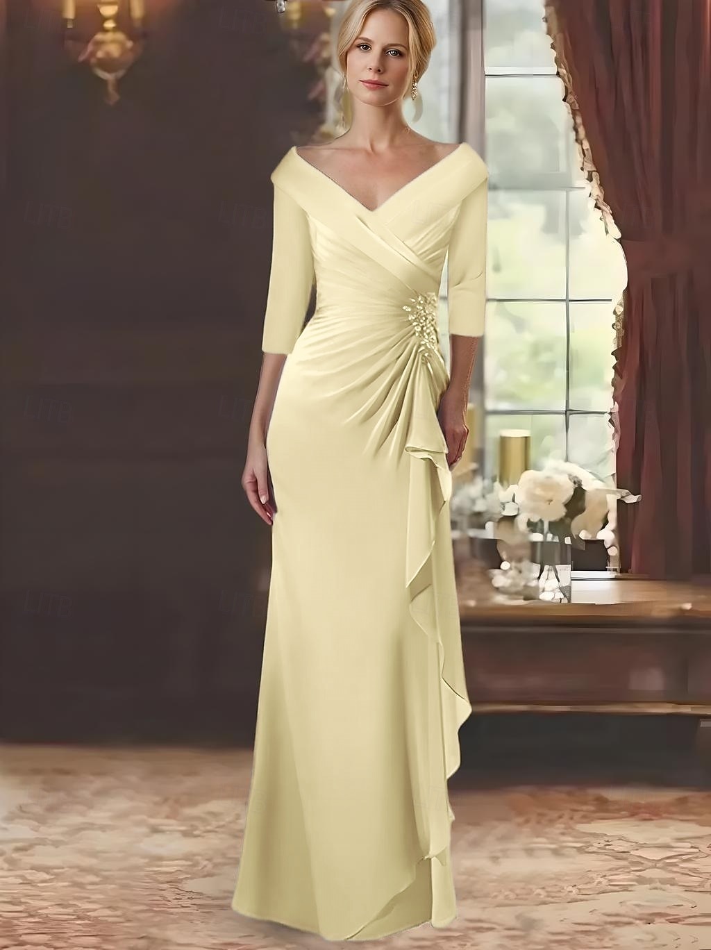 A-vonalú Anyának a Menyasszonyhoz Ruha Elegáns V Nyakú Padló Hossza Chiffon Csipke Hosszú Ujjú Leomló Rózsákkal 2025 - $139.99 –P4