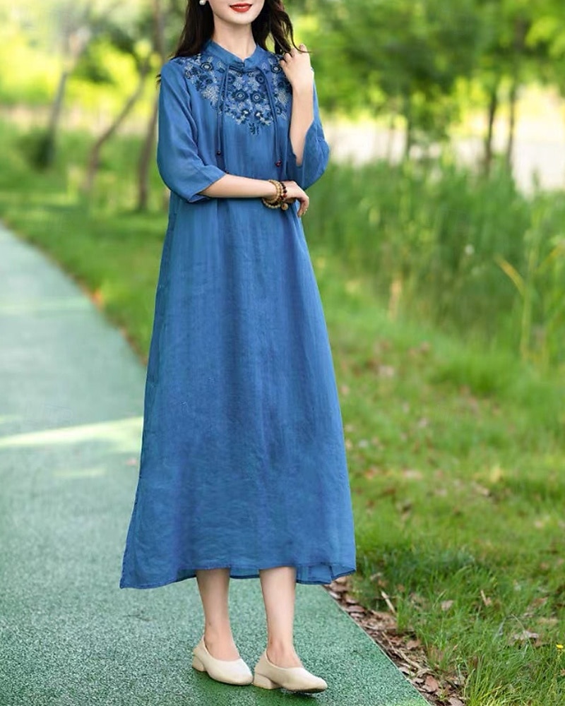 Pentru femei Rochii Midi Rochie din in bumbac Rochie florala Modă Modern Vacanță Zilnic Concediu Fit regulat Floare Manșon Jumate Guler de stand Roz Îmbujorat Albastru piscină Trifoi Caisă Vară 2025 - $28.99 –P9