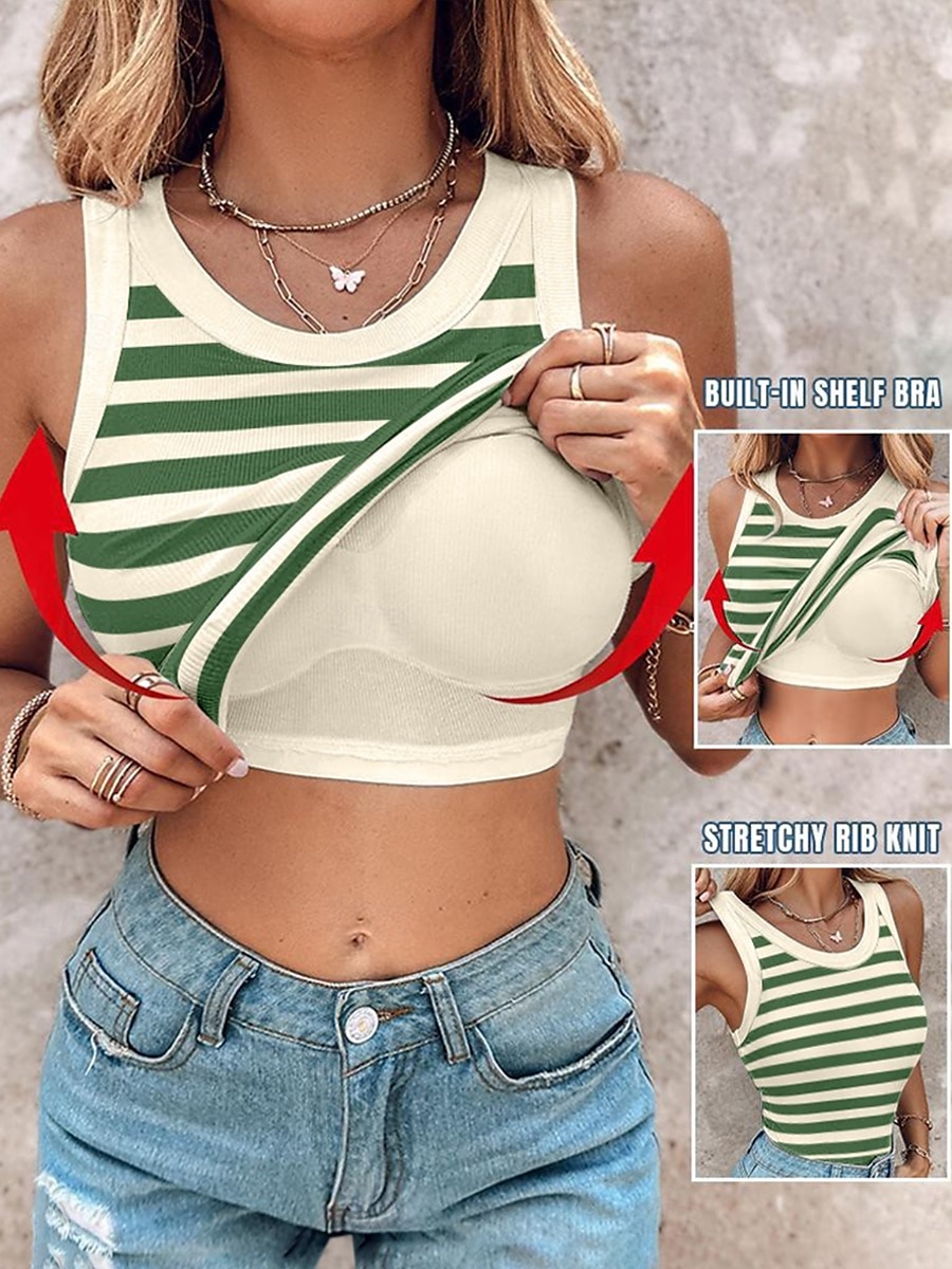 Dame Camisole Tank Top Helfarge Stripet Daglig Fritid Ermeløs Crew-hals Vanlige topper Daglig Trykt mønster Svart Lysegrønn Navyblå Grønn Sommer Vår Built-in Bra Ribbed 2025 - $19.99 –P3