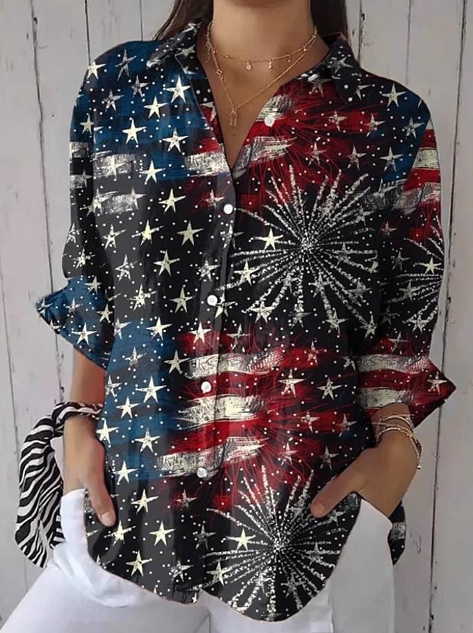 Chemise Patriotique pour Femmes Graphique Drapeau USA Vintage Quotidien Élégant Chemise à Manches Longues Col Tops Normaux Travail Quotidien Imprimé Boutons Blanc Bleu Kaki Été Printemps de 2025 ? $32.99 –P2