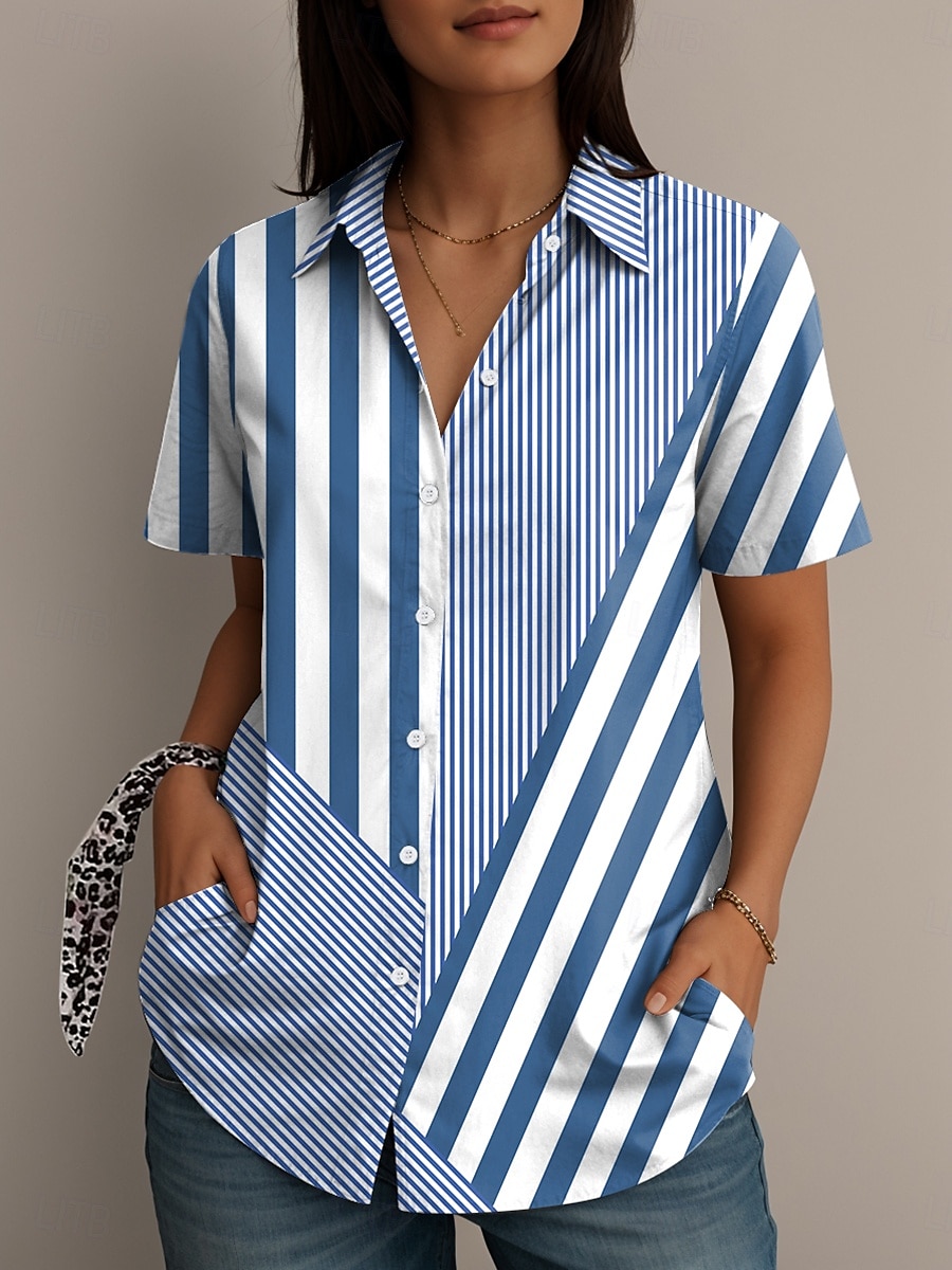 Femmes Chemise Graphique Géométrique Rayé ancien Élégant Occasionnel Manche Courte Col de chemise Hauts Réguliers Quotidien Rouge Bleu Vert Été Printemps de 2025 ? $24.99 –P1