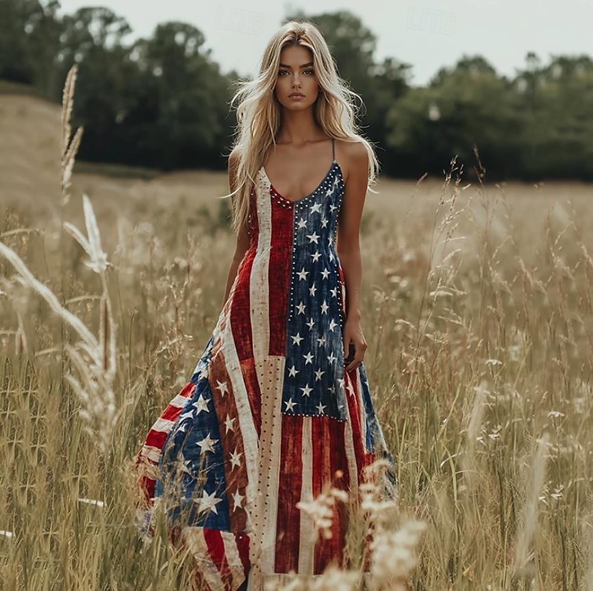 Robe maxi patriotique pour femmes robe de soleil robe en A robe de glissement vacances décontractée sortie plage coupe régulière graphique étoiles et bandes drapeau national sans manches col en V de 2025 ? $27.99 –P1