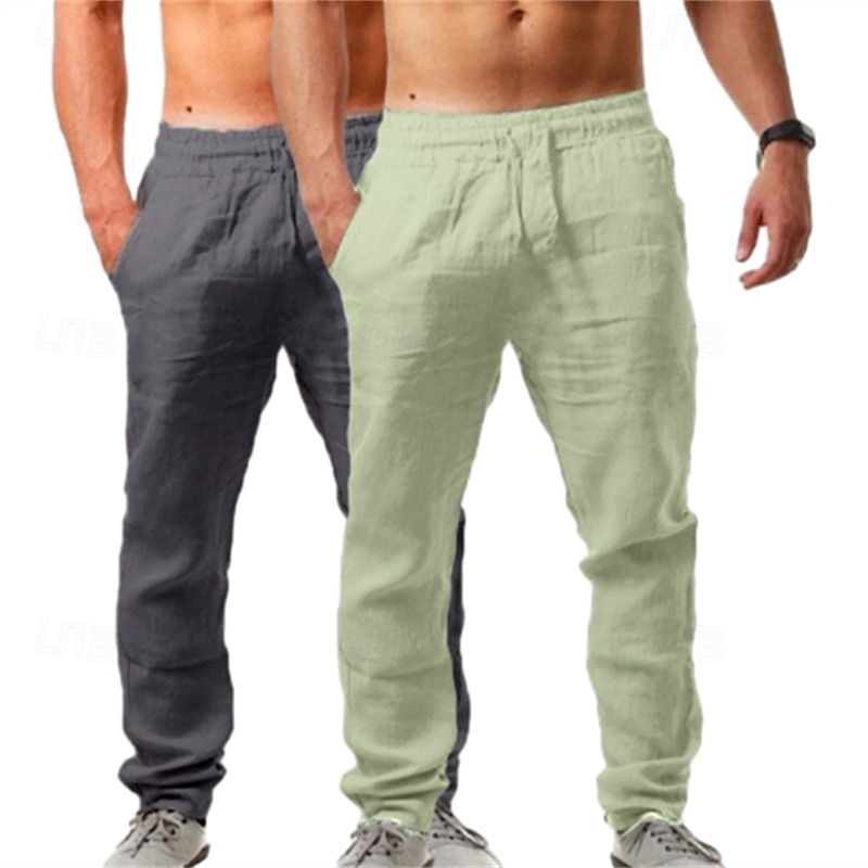 Pacote com 2 calças de linho masculinas, calças de verão, calças largas, calças de praia, cordão, cintura elástica, lisas, confortáveis, respiráveis, comprimento total, uso ao ar livre, diário, moda de férias, estilo clássico, branco + azul celeste de 2025 por $29.99 –P7