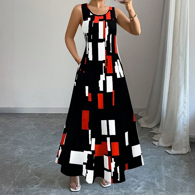 Damen Langes Kleid Maxikleid Freizeitkleid Trägerkleid Mode Outdoor Party Ferien Normale Passform Geometrisch Ärmellos Rundhalsausschnitt Schwarz Rote Grün Sommer 2025 - $24.99 –P2