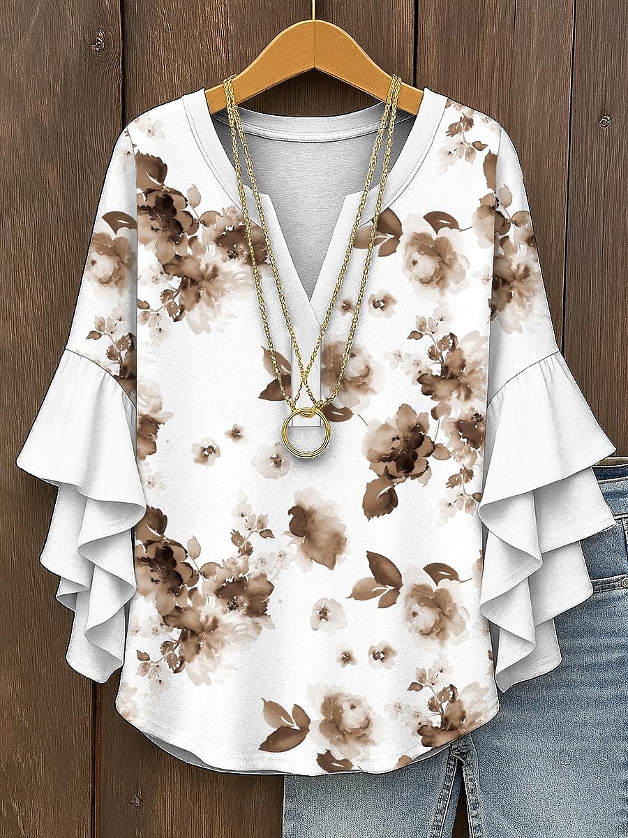 Blusa da Donna con Maniche a Ruffle a Strati Grafica Floreale Elegante Bohemia Vintage Maniche a 3/4 Collo a V Maglietta Regolare Abbigliamento Estivo Primaverile per Vacanze Stampa Gialla Rossa Blu del 2025 a $29.99 –P7