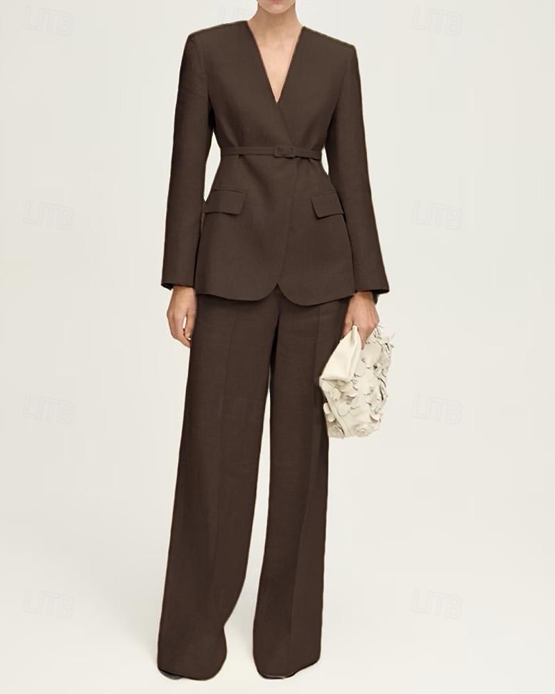Blazer sans col ensemble deux pièces combinaison lin mélangé mère de la mariée combinaison élégante simple minimaliste en V longueur de sol manches longues avec couleur unie de 2025 ? $189.99 –P7