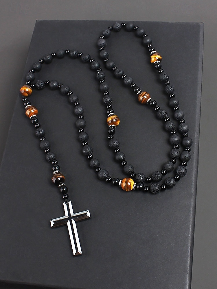 мужское ожерелье с крестом из черного лавового камня и тигрового глаза – духовное ожерелье из нержавеющей стали с бусинами регулируемой длины, идеальный подарок на день отца для повседневной и религиозной носки 2026 - $18.99 –P6