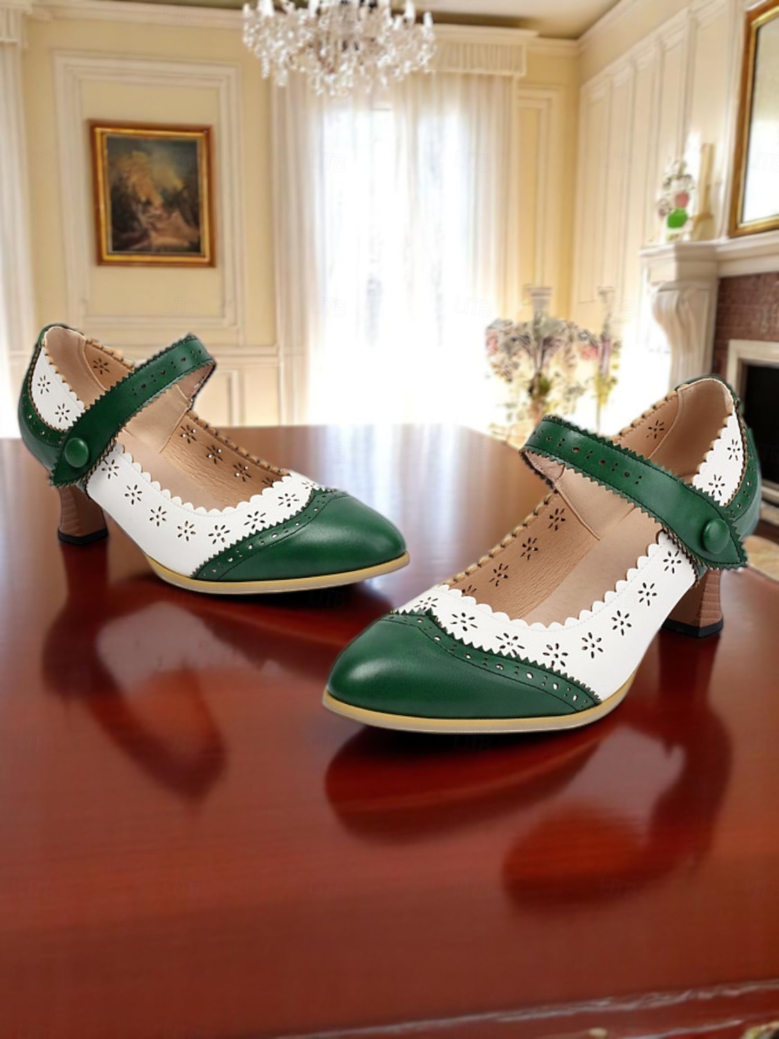 Women's 1900s Edwardian Vintage Gatsby Mary Jane Shoes-Green and White Leather Cutout Heels with Scalloped Edge, Perfect for Historical Costumes, Retro Parties, and Daily Wear 2026 - $54.99 –P1