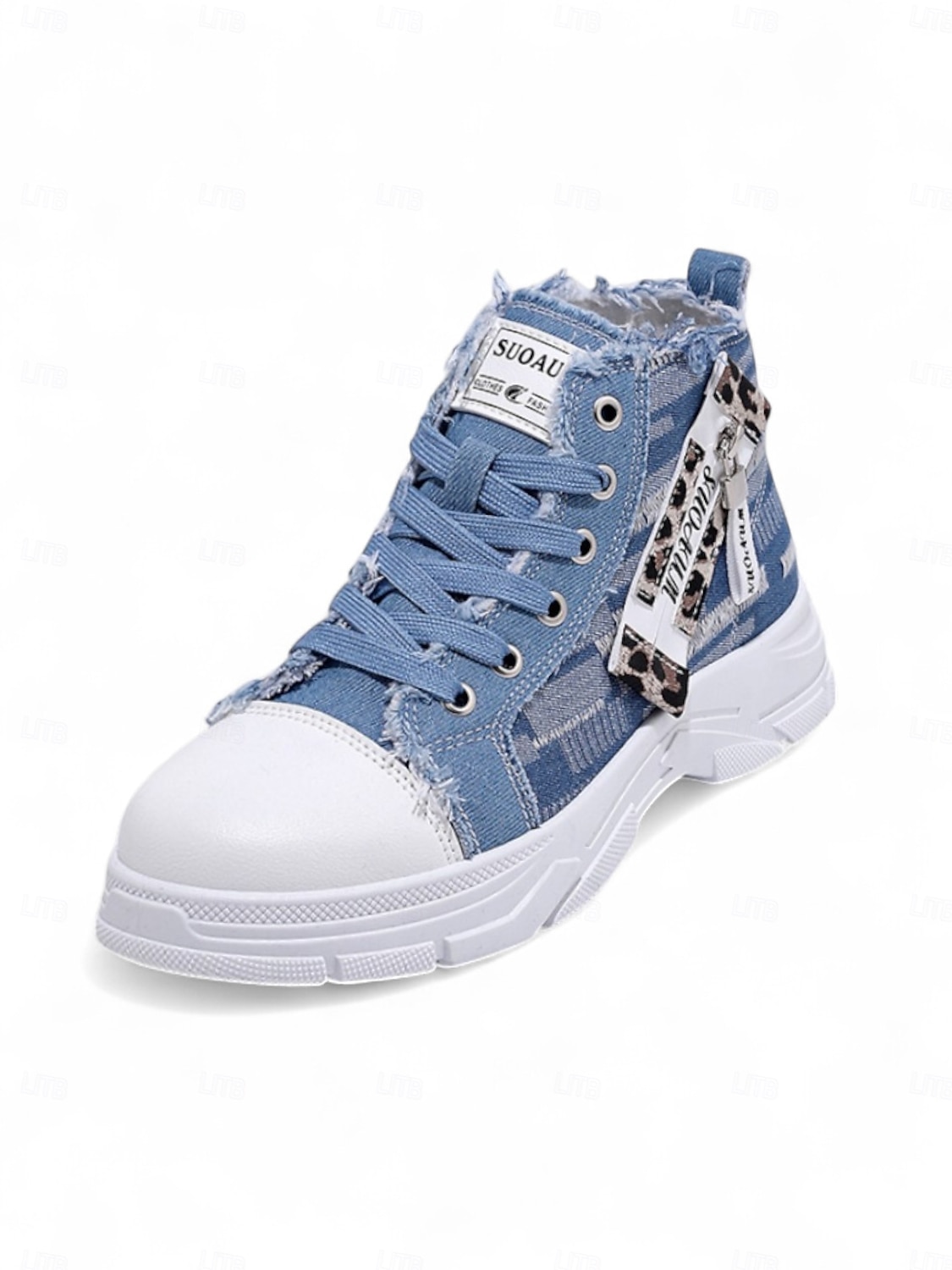 Damen-Denim-High-Top-Plateau-Sneaker mit Leoparden-Detail – lässige Streetstyle-Schnürschuhe für Teenager und junge Erwachsene 2025 - $26.99 –P3
