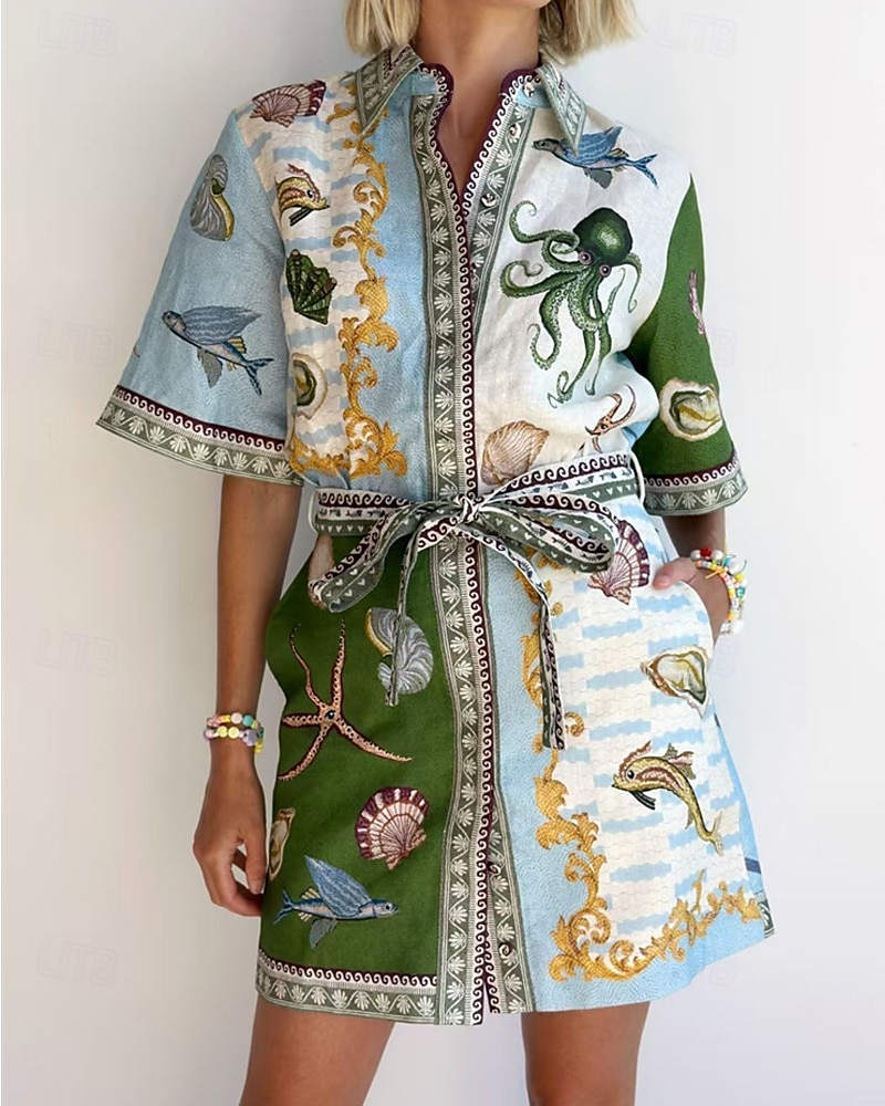 Women's Mini Dress Cotton Linen Dresses Casual Dress Fashion Outdoor Party Holiday Regular Fit Animal Short Sleeve Shirt Collar Green Summer 2025 - $42.99 –P1