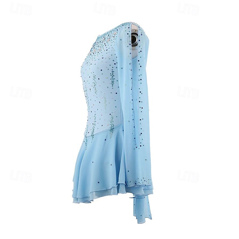 Kjole til kunstløp Dame Jente Skøyteløp Kjoler Blå Lapper Tommelhull Netting Spandex Elastisk Trening Profesjonell Konkurranse Skøyteklær Hold Varm Krystall / Rhinstein Langermet Skøyting Kunstløp 2025 - $221.89 –P3