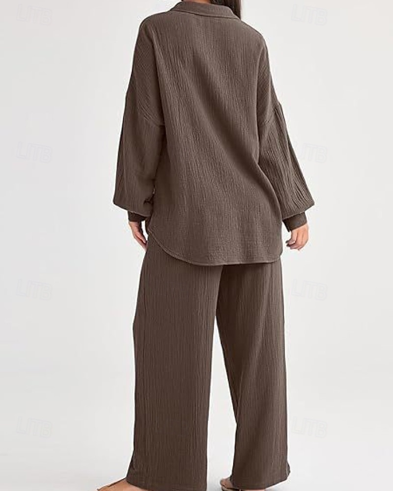 Women's Active Fashion Cotton Linen Shirts Cotton Linen Sets Blouse Long Sleeve Shirt Collar Solid Color Dubbele Rij Knopen Holiday Casual Daily Black Ivory Wine Summer Regular Fit 2025 - $37.99 –P12