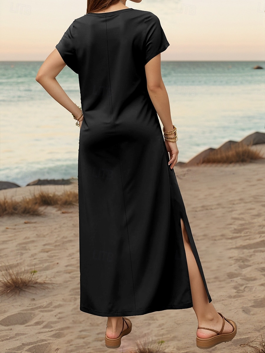 Damen Midikleid T-Shirt-Kleid Sommerkleid A Linie Kleid Urlaub Lässig Outdoor Ausgehen Strand Standard Passform Blumen Grafik Stammes Kurzarm V Ausschnitt Schwarz Sommer Frühling Herbst 2025 - $28.99 –P2