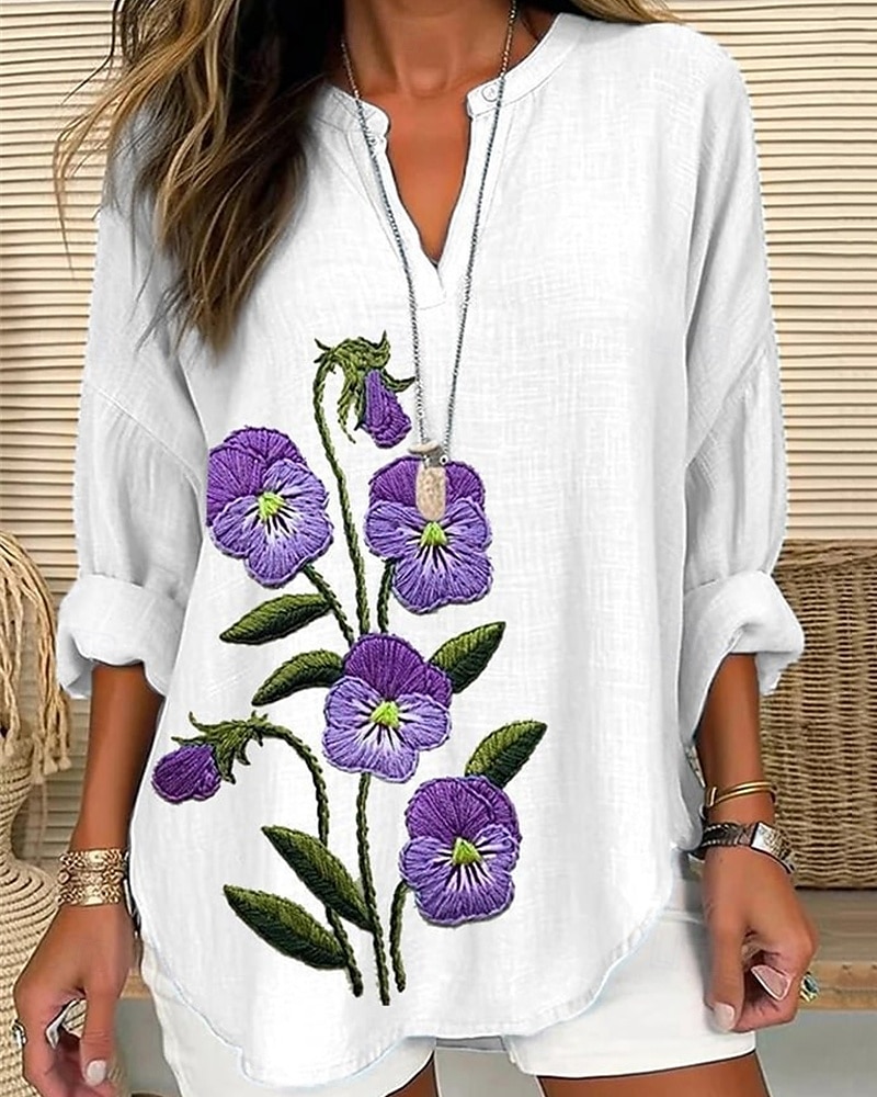 Dames Overhemd Bloem Dagelijks Stijlvol Basic Lange mouw V-hals Normale tops Dagelijks Feestdagen Afdrukken Zwart Wit Rood Lente Herfst 2025 - $16.49 –P1