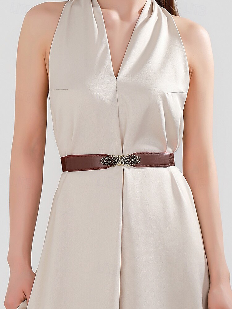 Women's Vintage Elastic Waist Belt with Bronze Scroll Buckle – Faux Leather Cinch Belt for Dresses and Blouses, Elegant Style for Daily Wear and Formal Occasions 2025 - $7.99 –P1
