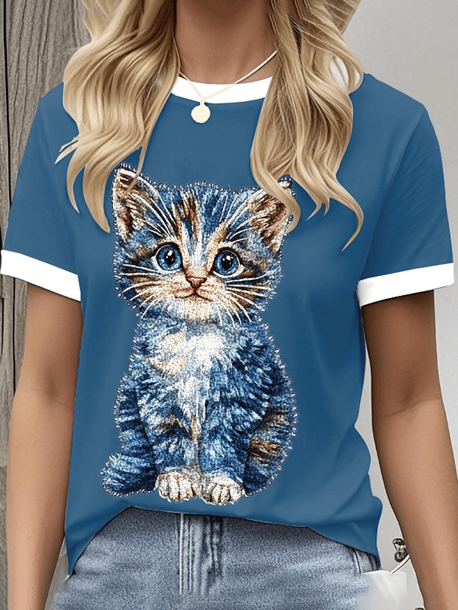Per donna Maglietta Grafico Animale Gatto Vintage Elegante Classico Manica Corta Girocollo Top Regolari Quotidiano Weekend Stampato Nero Bianco Blu Grigio Estate Primavera del 2025 a $19.99 –P2