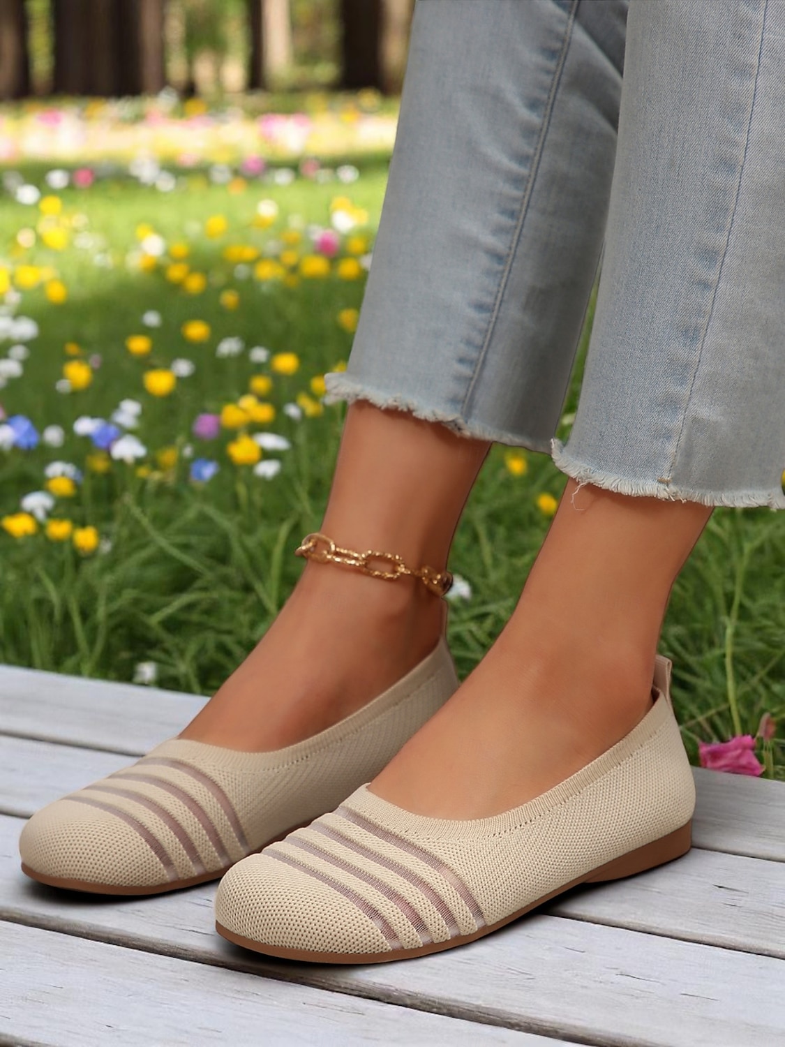 Dámské flyknit casual barefoot boty - prodyšný svršek ze síťoviny, široká špička, balerínky, trendy pruhy, pohodlné na chůzi a běžné aktivity 2025 - $19.99 –P2
