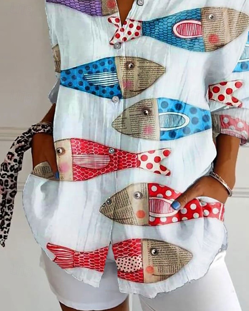 Dame Skjorte Bluse Blomsternål i krystall Moderne Fritid Langermet Skjortekrage Vanlige topper Daglig Ferie Ut på byen Knapper Trykt mønster Hvit Sommer 2025 - $25.99 –P3