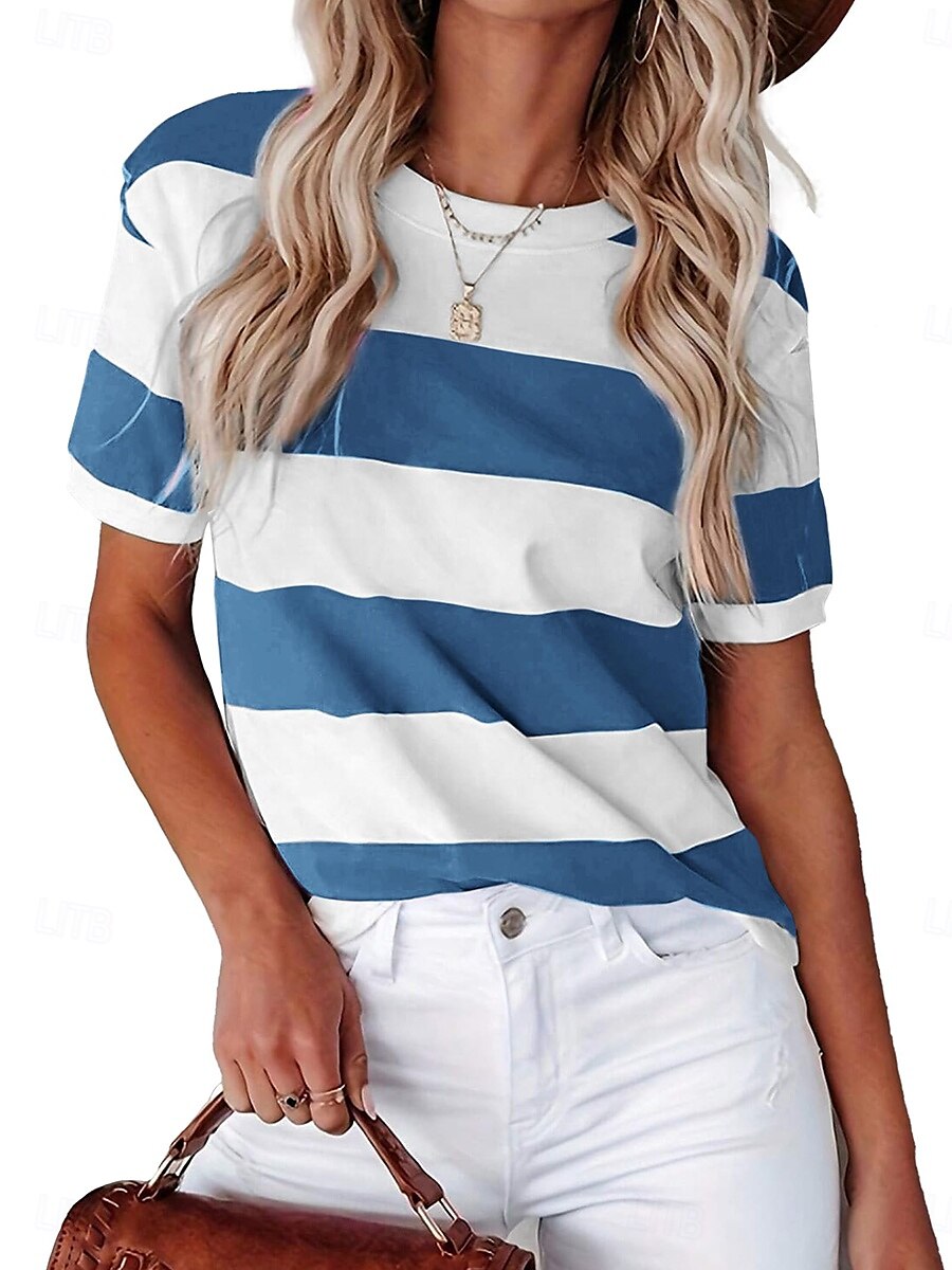 Femmes T-shirt Graphique Rayé ancien Élégant Occasionnel Manche Courte Col ras du cou Hauts Réguliers Quotidien Week-end Imprimé Noir Bleu Bleu Poudré Orange Vert Été Printemps de 2025 ? $19.99 –P1
