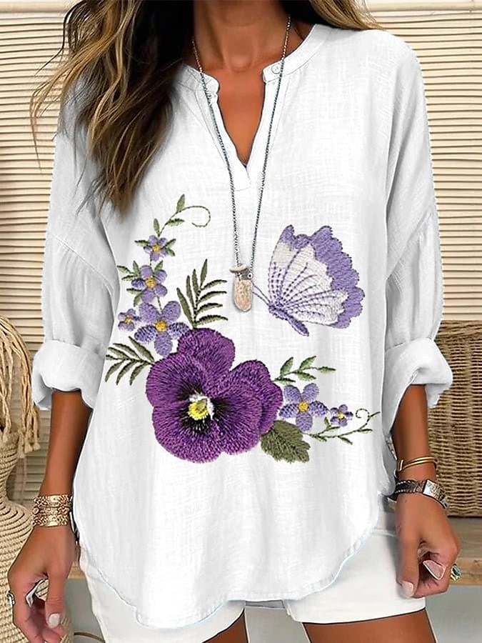 Women's Blouse Floral Graphic Elegant Stylish Romantic Long Sleeve V Neck Regular Tops Daily Holiday Print White Purple Violet Summer Spring 2025 - $24.99 –P3