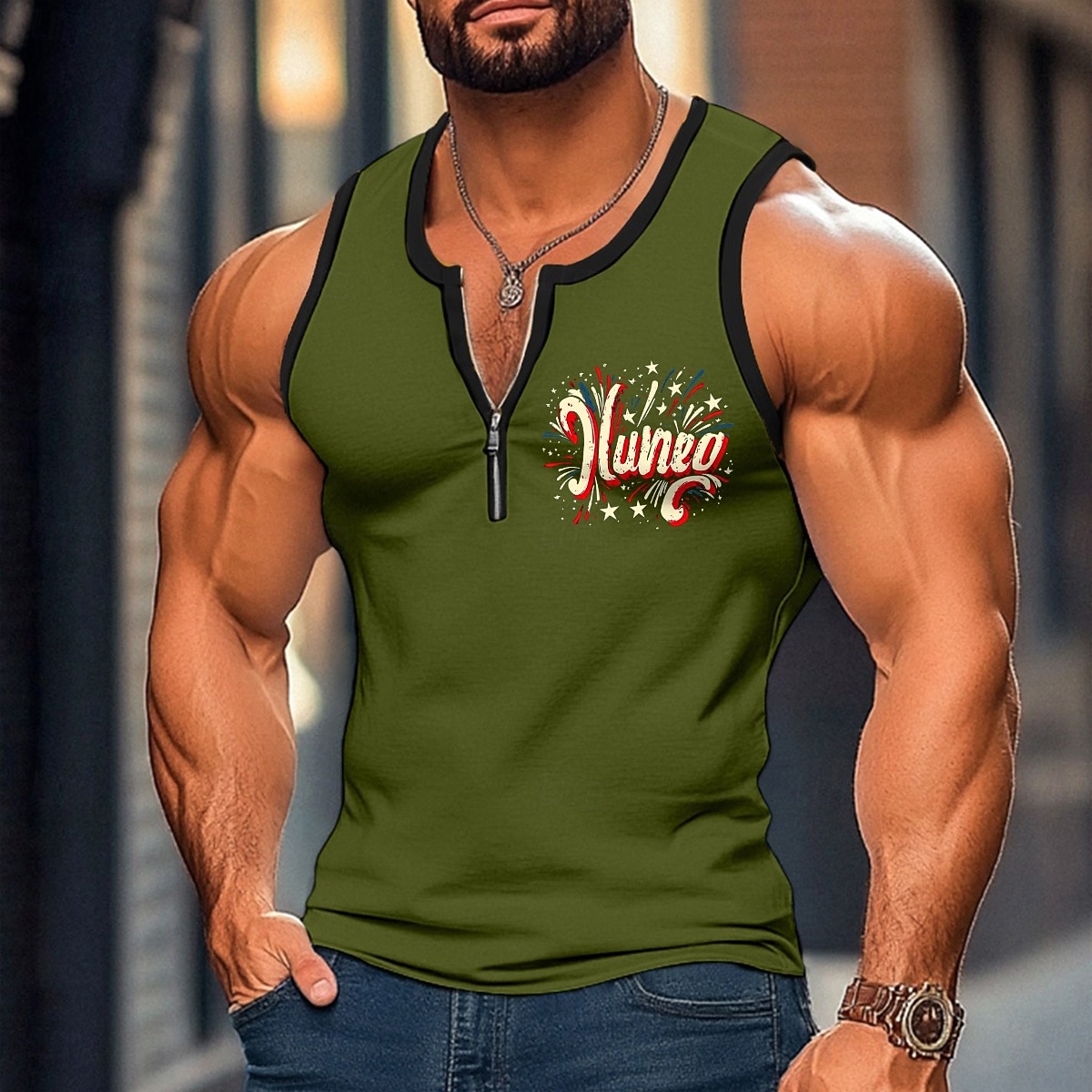 Men's Tank Top Vest Undershirt Sleeveless Shirt Sleeveless U Neck Summer Patchwork Independence Day Fashion Sporty Classic Zipper Casual Gym Street White Top Tee for Men 2026 - $15.99 –P5