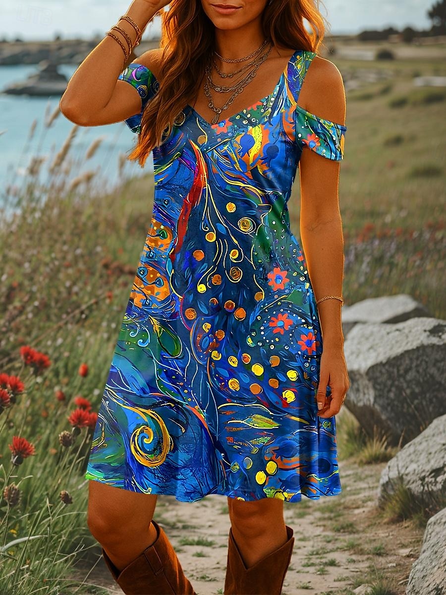 Damen Minikleid A Linie Kleid Sommerkleid Urlaub Lässig Täglich Ferien Normale Passform Grafik Abstrakt Kurzarm V Ausschnitt Rote Blau Grün Sommer 2025 - $29.99 –P1