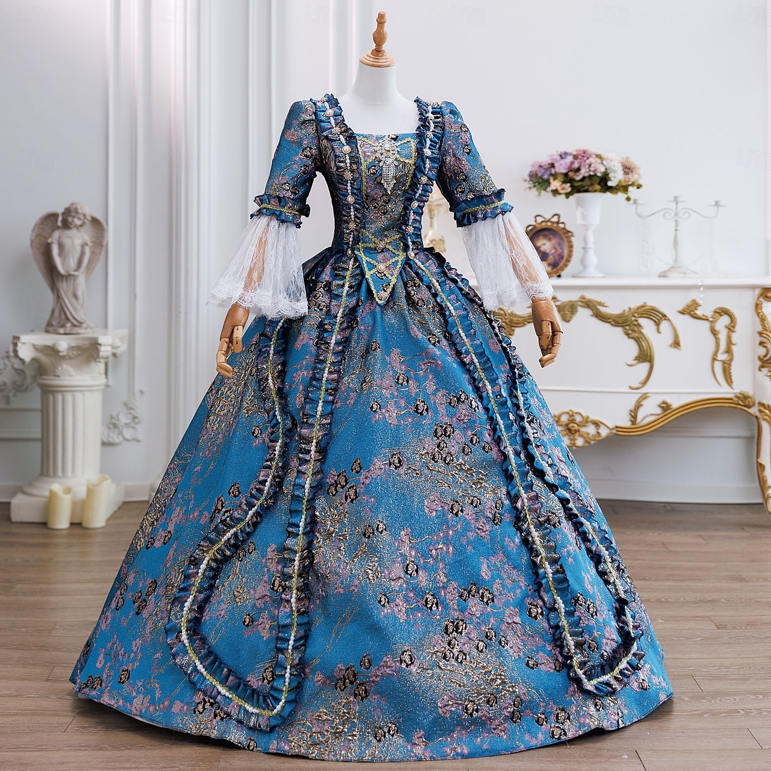 Vintage Rokokoo Renessanssi Maxi Mekot Normaali Juliet hiha Prinsessa Morsian Laskostettu Rimpsu Prinsessa Pyöreä kaula-aukko Naamiaispuku Naisten Halloween Karnevaali Naamiaiset Juhla Halloween 2026 - $294.29 –P1