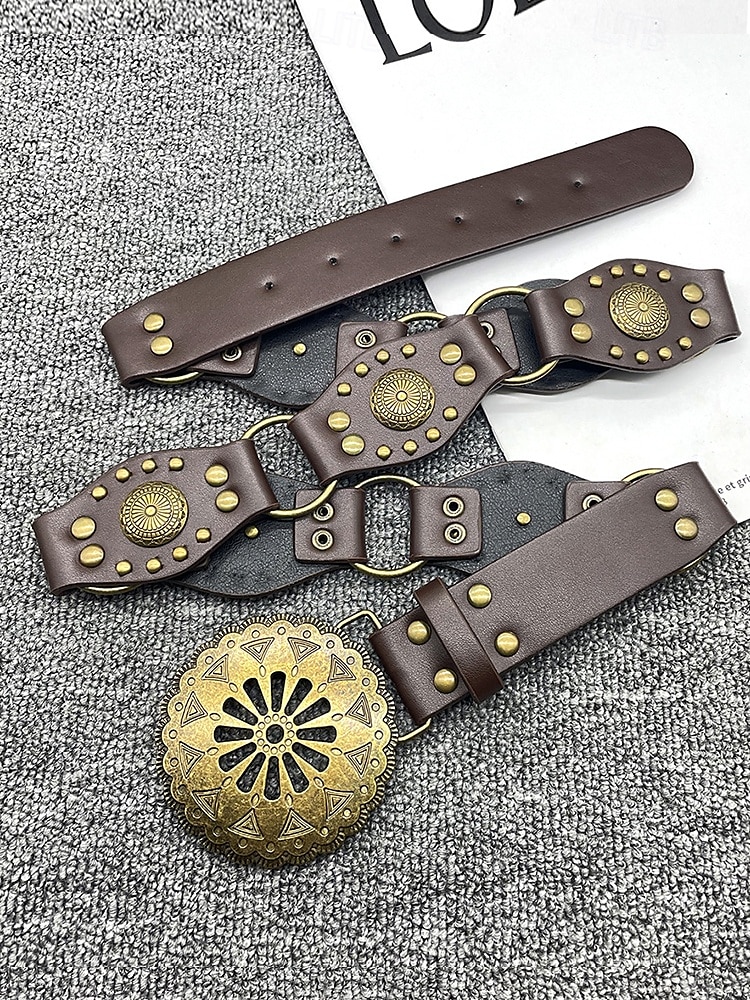Women's Bohemian Western cowboy style belt with antique brass flower buckle, Adjustable tightness, Suitable for retro fashion, Casual or festival wear 2025 - $14.99 –P7