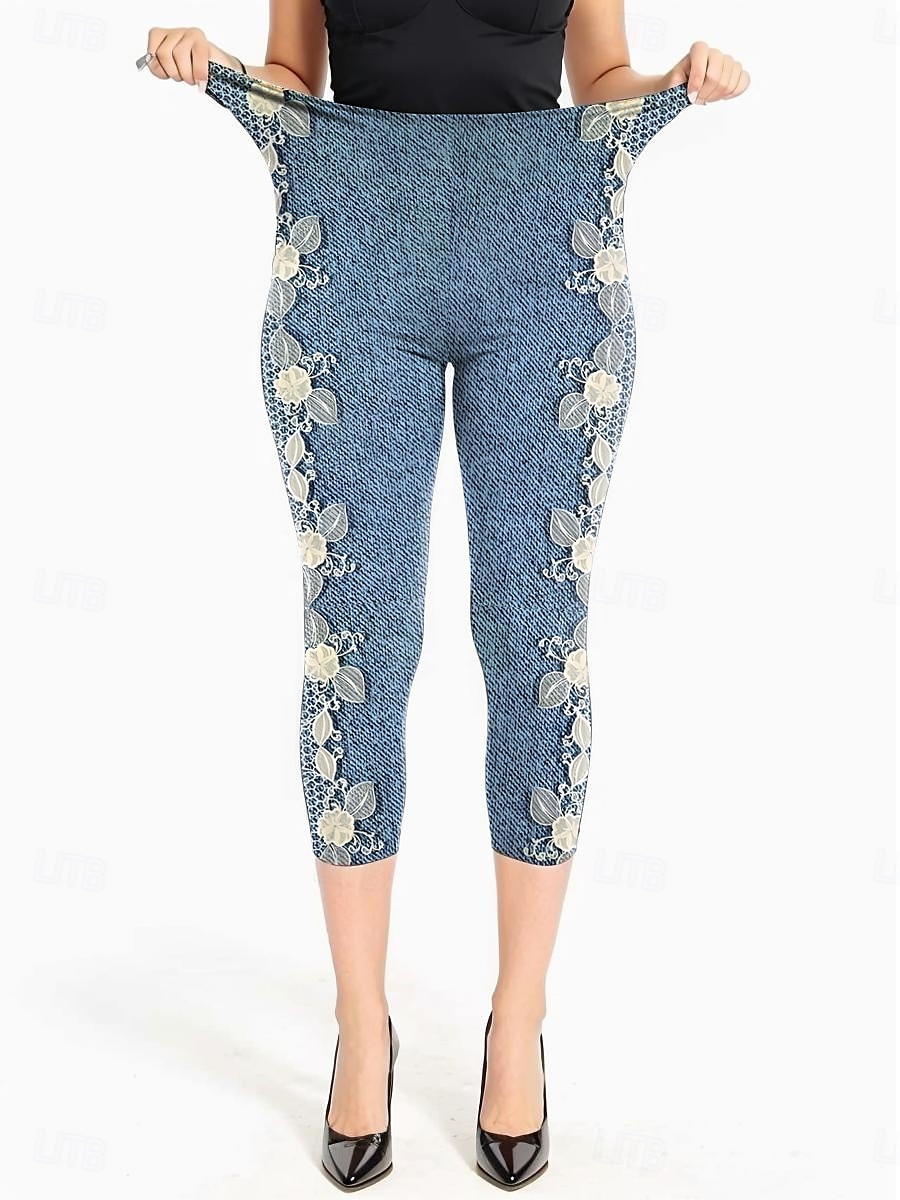 Dámské legíny capri kalhoty vysoké elasticity dovolená vintage móda délka do lýtek střední pas květinový grafický potisk prodyšné měkké dovolená volnočasové každodenní modrá barva robins egg černá 2025 - $18.99 –P1
