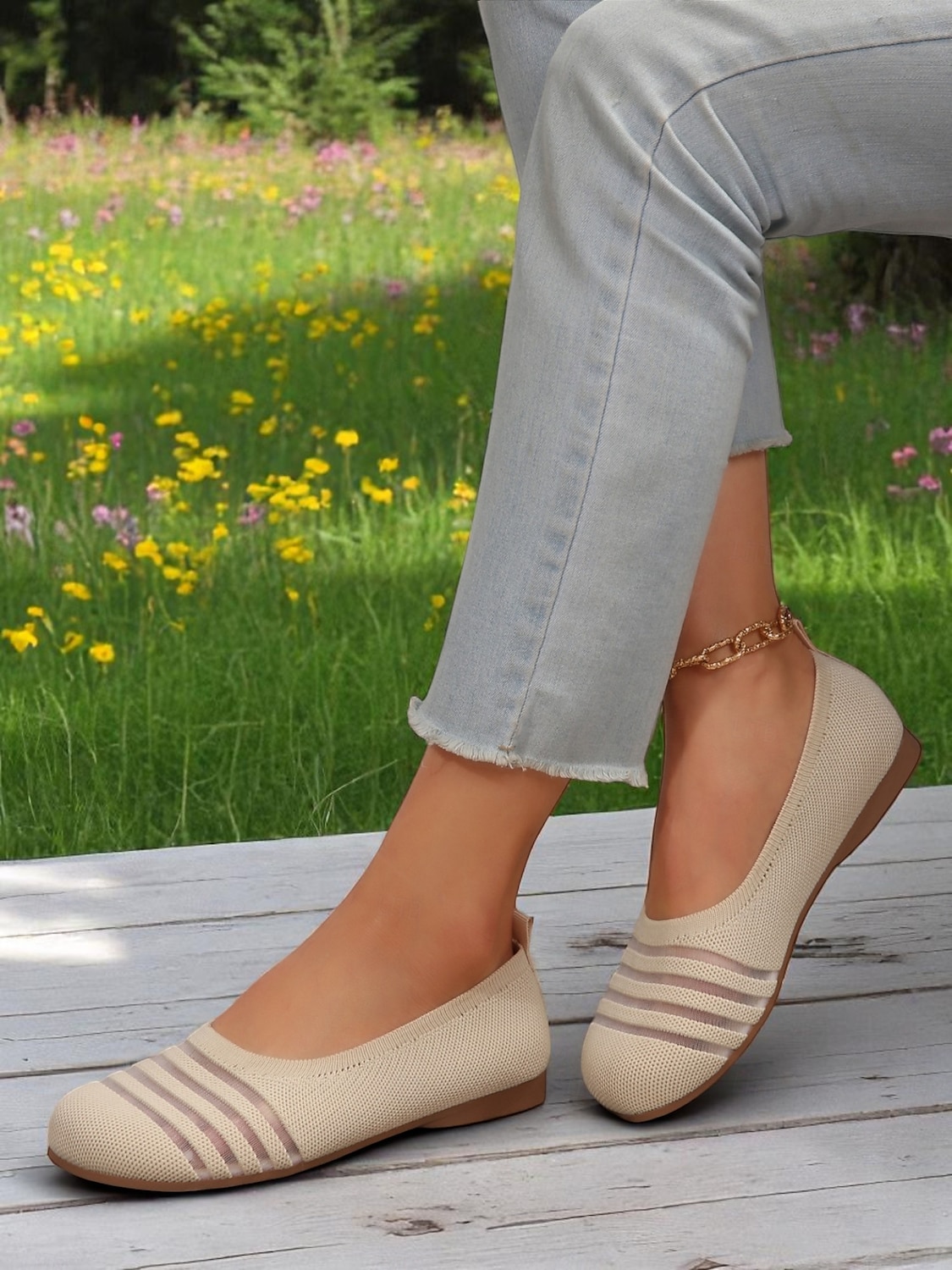 Dámské flyknit casual barefoot boty - prodyšný svršek ze síťoviny, široká špička, balerínky, trendy pruhy, pohodlné na chůzi a běžné aktivity 2025 - $19.99 –P3
