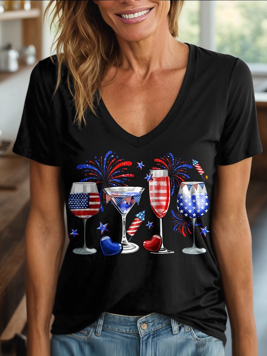 T-shirt patriote pour femmes graphique cœur étoile vintage élégant classique à manches courtes col en V tops réguliers quotidiens week-end imprimé noir blanc rouge bleu violet été printemps de 2025 ? $19.99 –P6