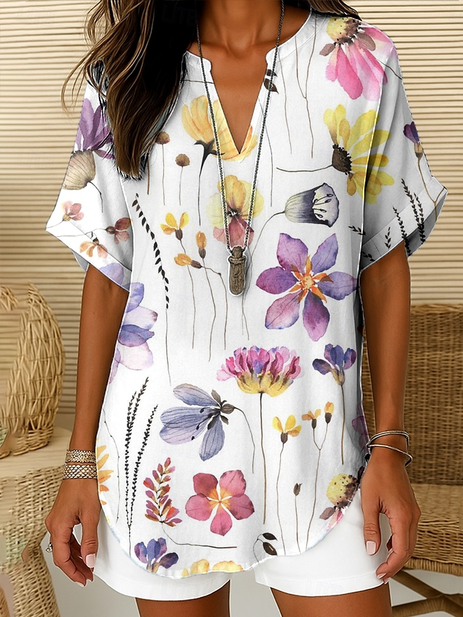 Blouse Femme Col en V Ombre Graphique Floral Élégante Bohème Vintage Manches Courtes Col Noté Hauts Quotidien Vacances Sortie Vert Sauge Blanc Vert Clair Bleu Ciel Rose Pêche Été de 2025 ? $24.99 –P3