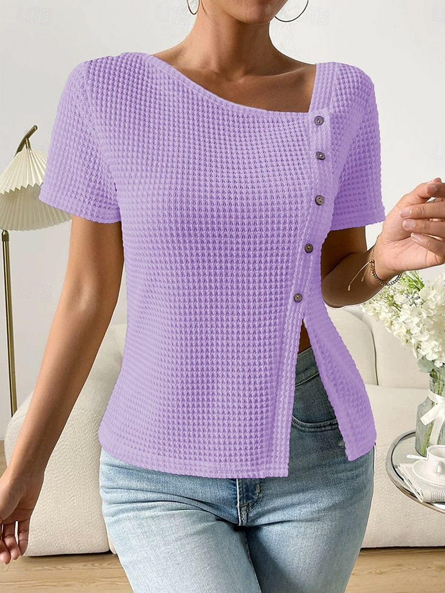 Dames Overhemd Effen Basic Casual Korte mouw Assymmetrisch V-hals Normale tops Dagelijks Knop Asymmetrisch Wit Rood Paars Zomer 2025 - $19.99 –P4