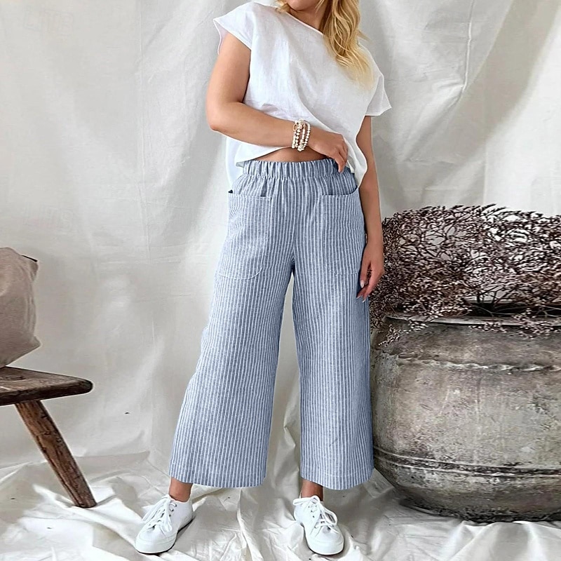 Per donna Pantaloni in cotone e lino Culotte Gamba Larga Pantaloni Eleganti Streetwear Casual Lunghezza intera Naturale A righe Tasca Elastico in vita Comodo Confortevole Streetwear Uscire Aalbicocca del 2025 a $28.99 –P5